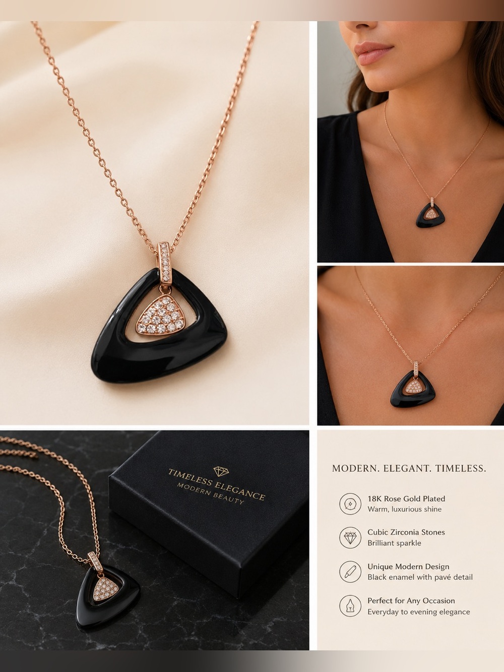 Rose Gold and Black Triangle Pendant with Pavé Crystals